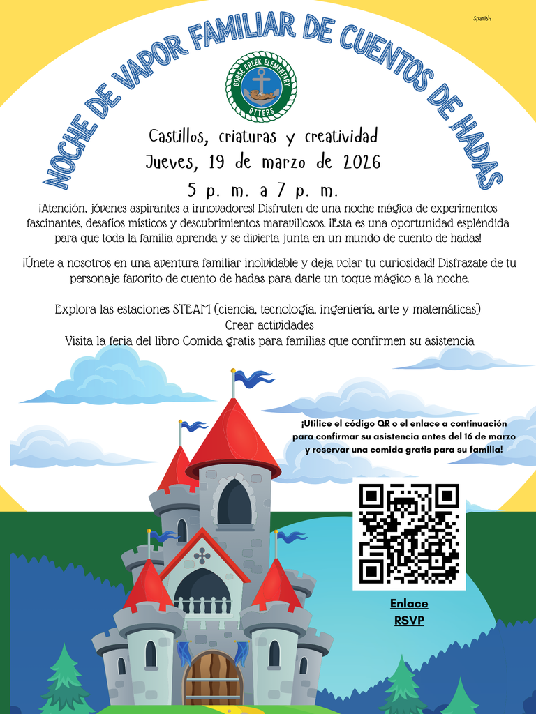 Invitation to GCE's Fairy Tale Family STEAM Night on March 19th at 5pm. Written in Spanish.