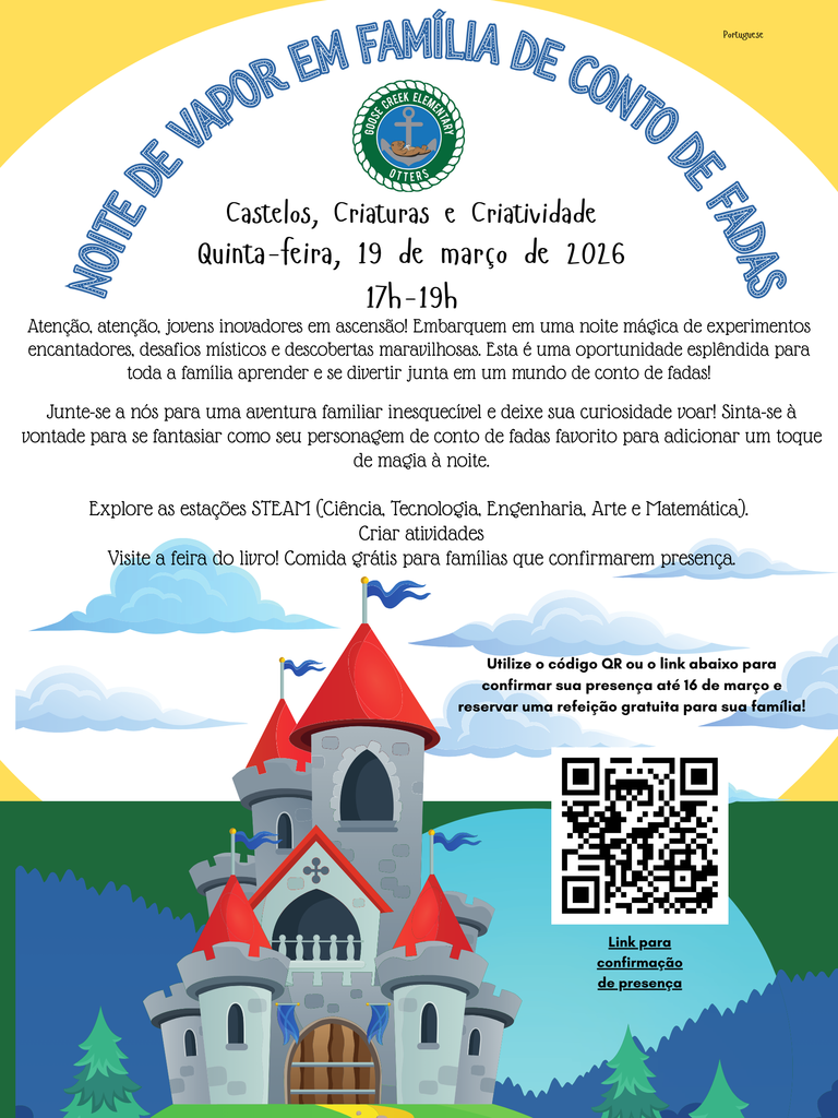 Invitation to GCE's Fairy Tale Family STEAM Night on March 19th at 5pm. Written in Portuguese.