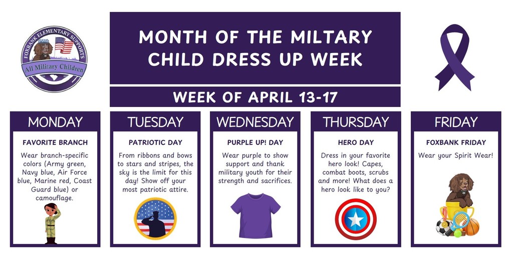 Mon: Favorite Branch   Tues Patriotic Day   Wed  Purple Day   Thurs  Hero Day    Friday  Foxbank Friday