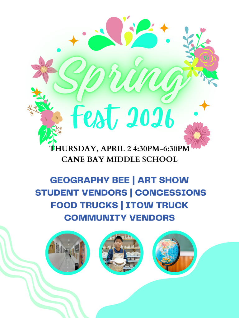 🌸🎉 Spring Fest 2026 is Almost Here! 🎉🌸 Join us at Cane Bay Middle School on Thursday, April 2 from 4:30–6:30 PM for an evening full of fun, creativity, and community! ✨ Enjoy: 🎨 Art Show 🌍 Geography Bee 🛍️ Student & Community Vendors 🍿 Concessions 🚚 Food Trucks + iTOW Truck Bring your family and friends and come celebrate with us—we can’t wait to see you there! 💙🐍 #CobraPride #SpringFest2026 #CaneBayMiddle