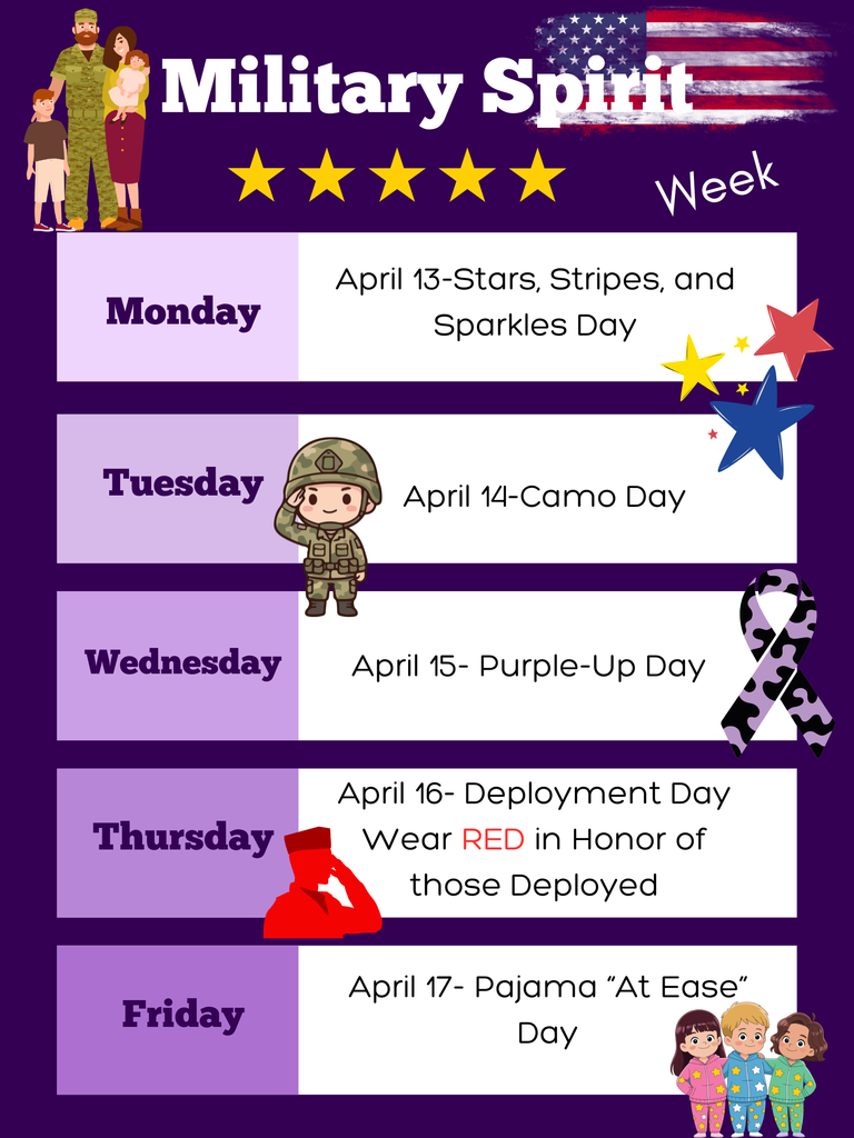 This image details the different dress up themes for each day  for Military Spirit Week