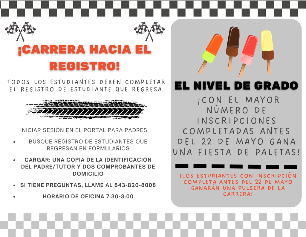 Flyer with black and white checkerboard background, featuring text and images of popsicles. Text includes "Carrera hacia el Registro!" and "El nivel de grado".