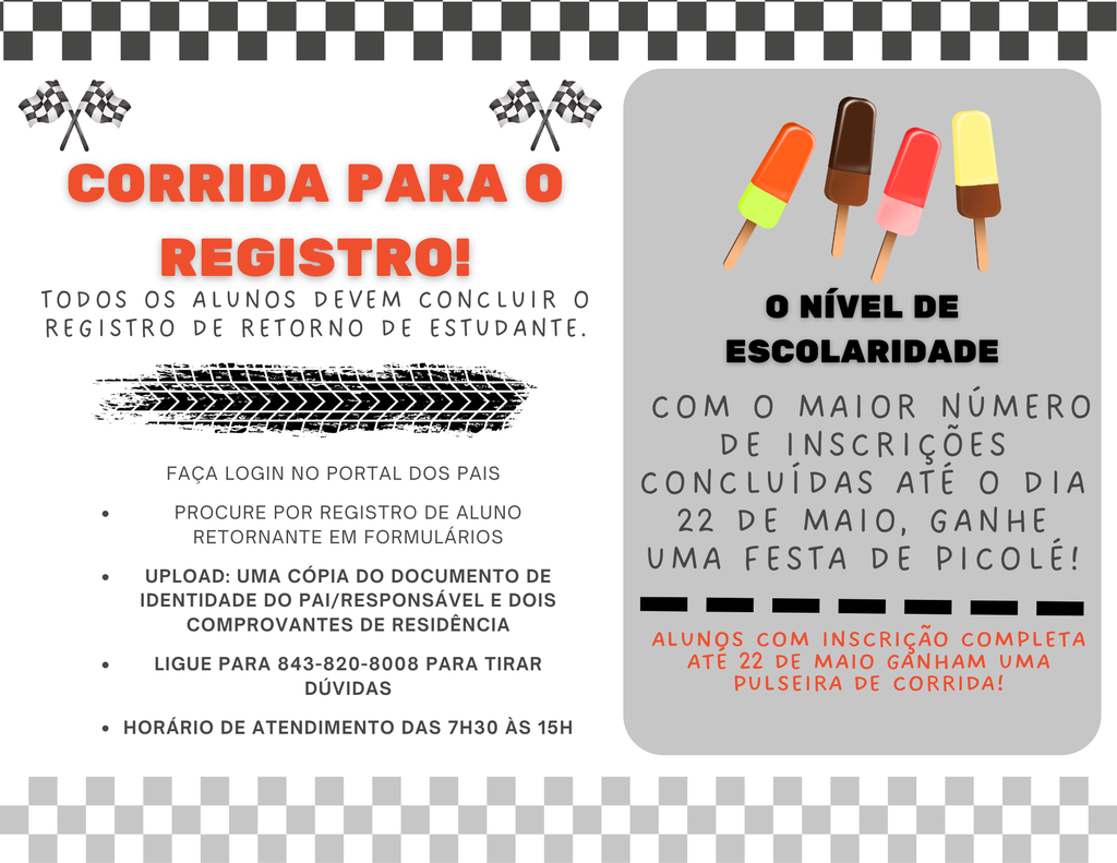 A flyer with black and white checkered background has a red and white title "Corrida para o Registro" and a graphic of ice pops.