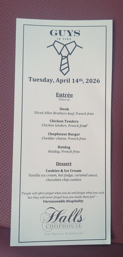 A restaurant menu for "Guys in Tie" features dishes like steak, chicken tenders, and more, displayed on a red background.