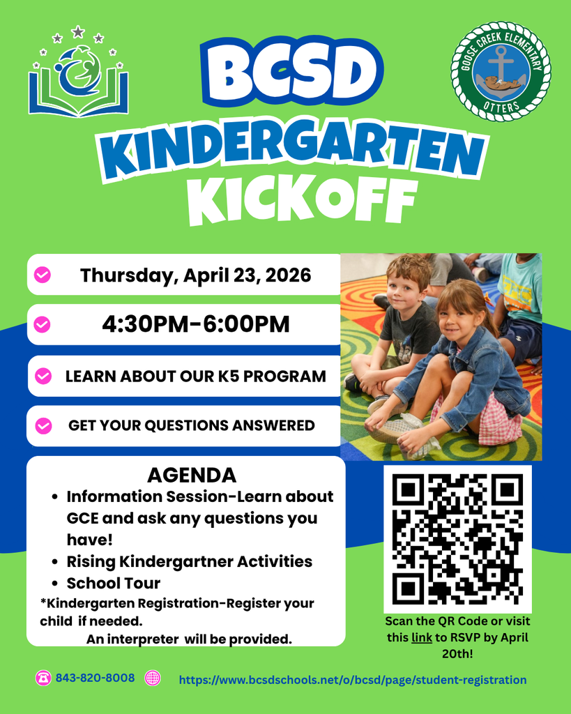 Green poster for the BCSD Kindergarten Kickoff event. Date: April 23, 2026, time: 4:30-6:00 PM. QR code for registration.