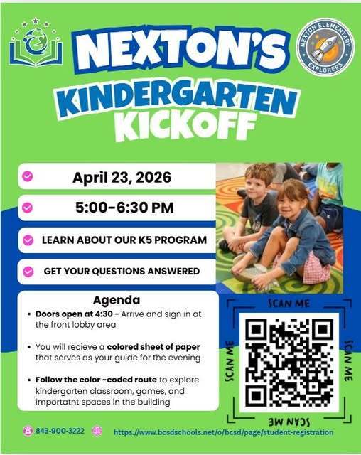 Flyer for "Nexton's Kindergarten Kickoff" on April 23, 2026, from 5:00-6:30 PM. Event includes learning about the program and Q&A.
