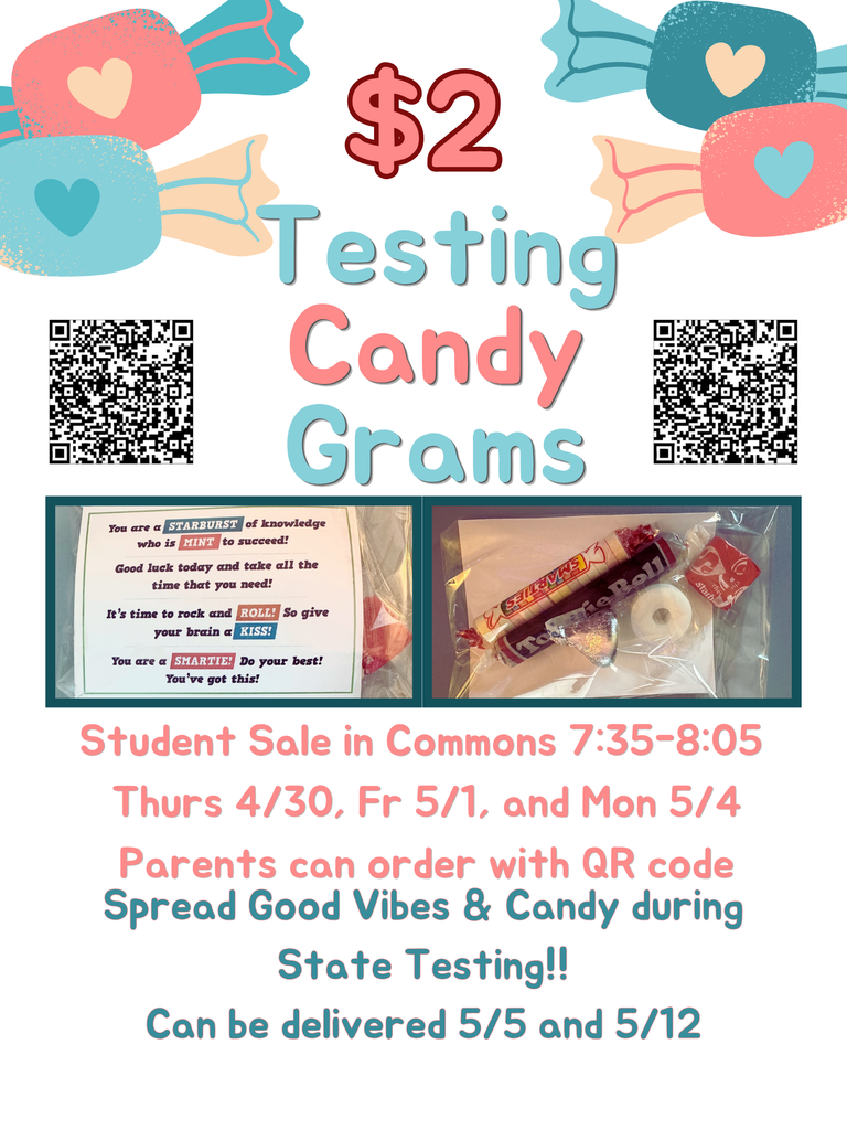 📣💙 Send a Testing Gram & Spread Some Cheer! 🐍✨ Help us encourage our students during testing with a sweet surprise! 🍬✏️ Testing Grams will be on sale for $2 each in the commons on: 🗓 April 30th 🗓 May 1st 🗓 May 4th Parents can also purchase Testing Grams using the QR code or the link below: 🔗 https://events.hometownticketing.com/boxoffice/bcsdschools/L2VtYmVkL2V2ZW50LzU1MDk After purchasing, please be sure to complete this form so we know who to deliver it to: 📝 https://docs.google.com/forms/d/e/1FAIpQLSdzqKs2wUrLKaM2qv_ofJ9sZzcy12XQcMwdx8mDcREgjbQxXg/viewform?usp=header Let’s work together to spread good vibes, encouragement, and a few treats during testing season! 💛📚
