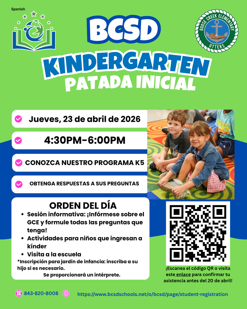 Poster with green and blue background. QR code, boy image, and text. "BCSd Kindergarten Patada Inicial".