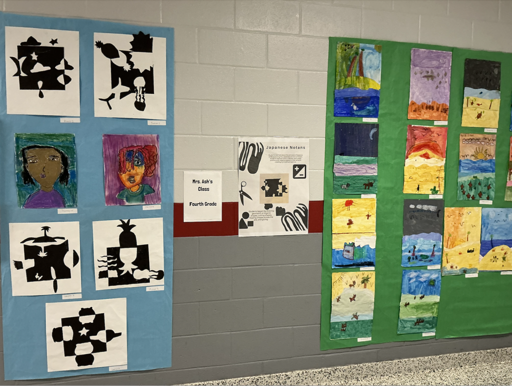 Multiple student artworks on a blue and green background. The blue has black and white geometric shapes. The green has multiple colorful landscapes.