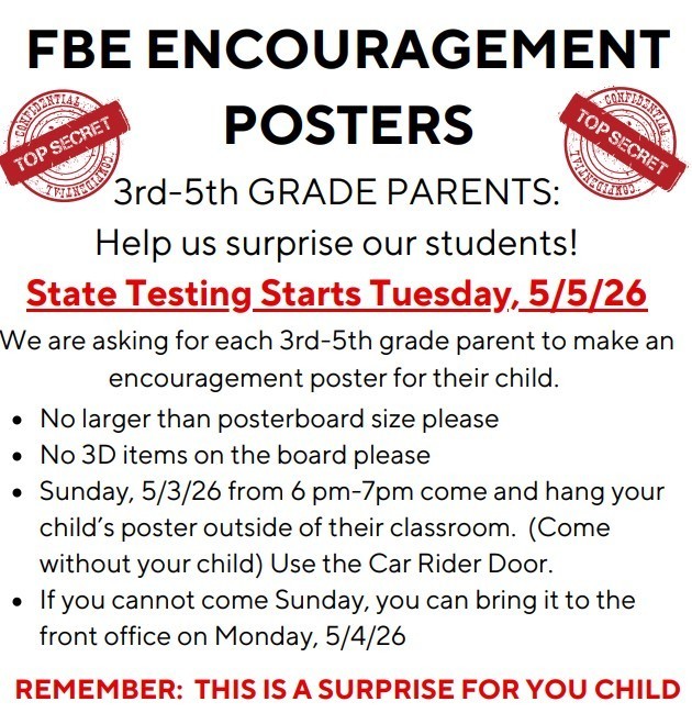 Make a poster to encourage your child for state testing.  Bring it to the school on Sunday 5/3 from 6-7 to hang near their classroom.  