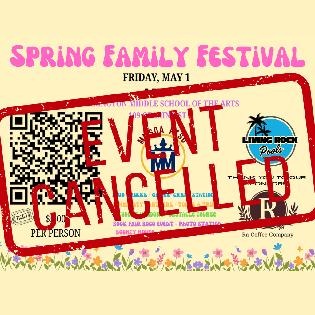 Poster with pink text. It reads: Spring Family Festival Friday, May 1. Red stamp reads Event Cancelled.