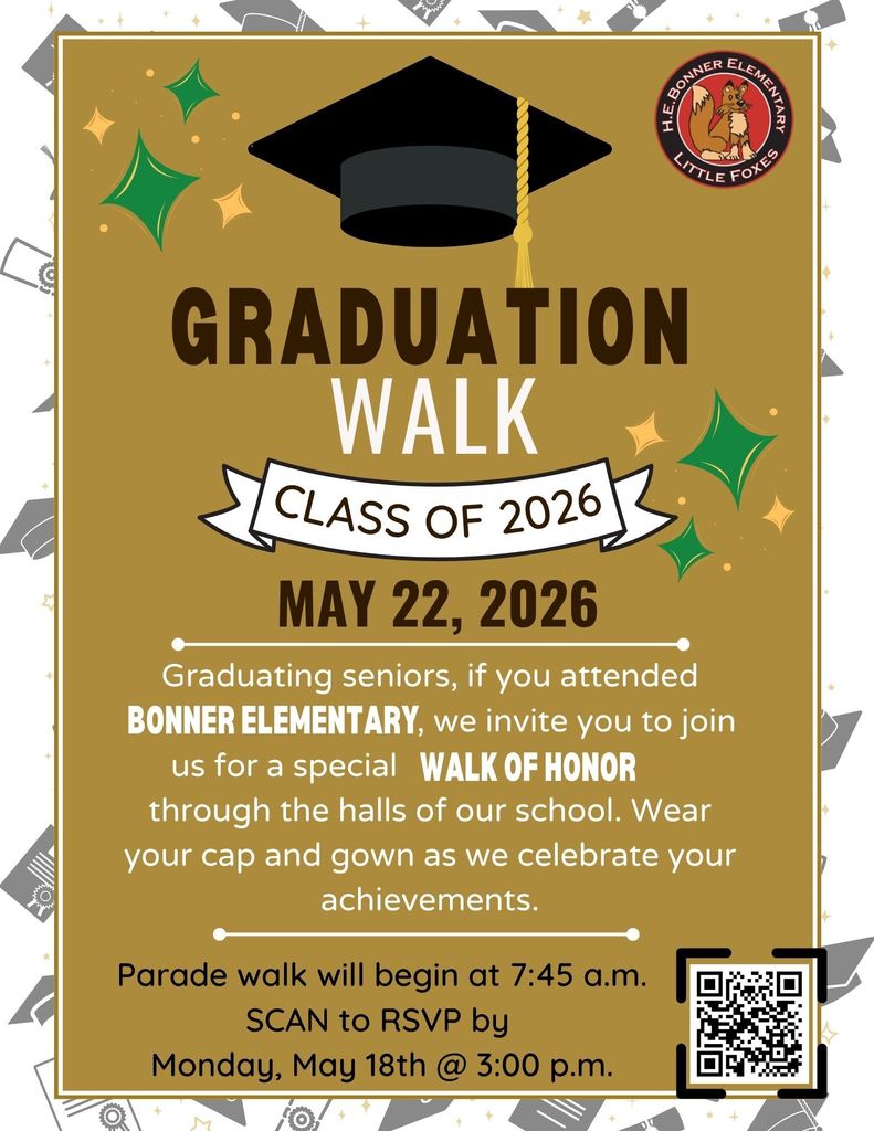 A gold-themed flyer invites graduating seniors from Bonner Elementary's Class of 2026 to a special Walk of Honor on May 22, 2026.