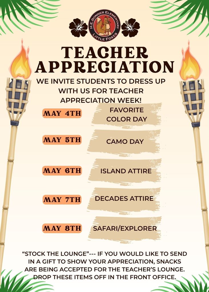 A poster with a tropical background features a schedule for Teacher Appreciation Week, with activities like Favorite Color Day and Safari/Explorer Day.