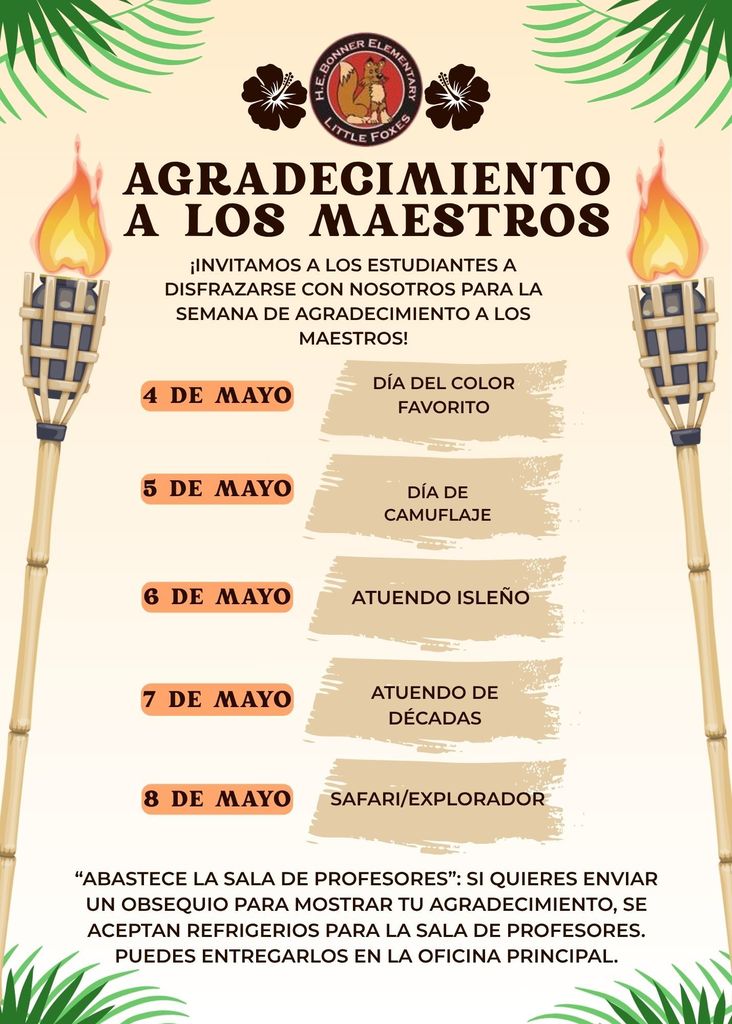 Poster with green leaves and bamboo torches, dates, and event names, including "AGRADECIMIENTO A LOS MAESTROS" in bold text.