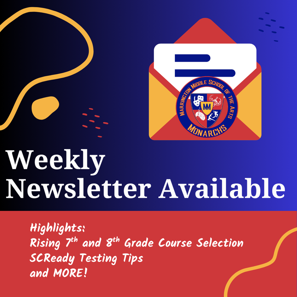 Bright red envelope on a blue and black background. Text reads "Weekly Newsletter Available". Highlights include 7th and 8th grade course selection and testing tips.