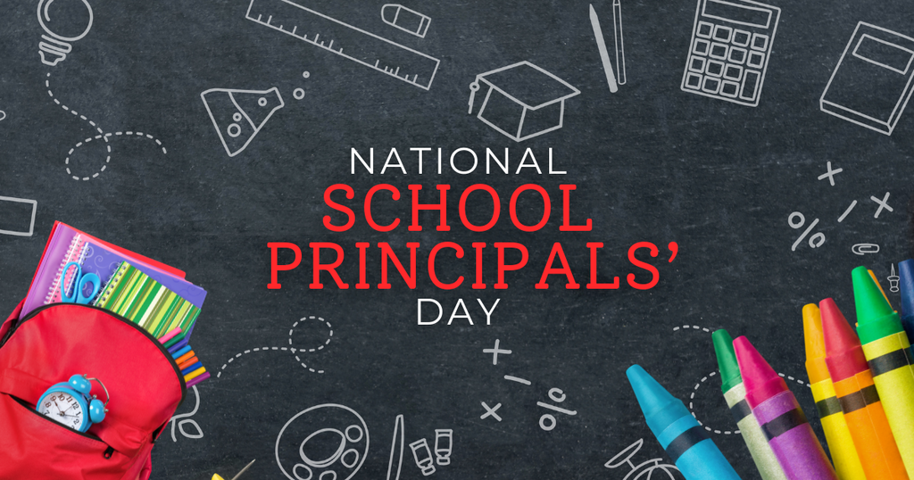 Black background with school items, including a backpack, crayons, and a calculator. Text reads "NATIONAL SCHOOL PRINCIPALS' DAY".