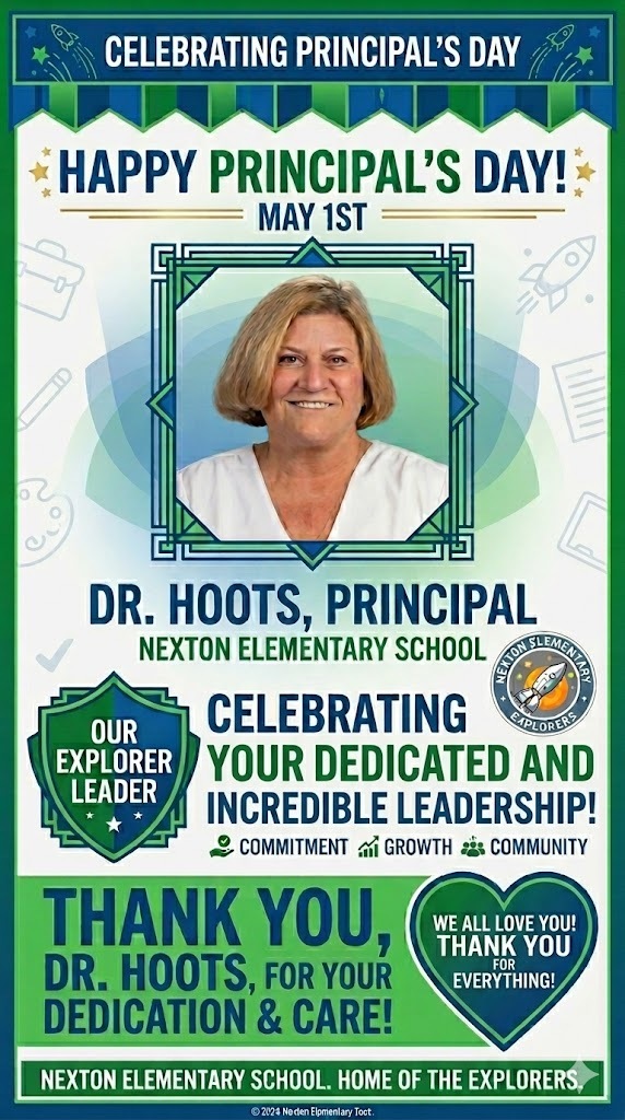 Green banner with white border. Picture of Dr. Hoots, Principal of Nexon Elementary School. Happy Principal's Day text with green background.