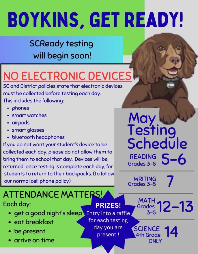 3rd-5th grade State Testing May 5th-7th and May 12-14