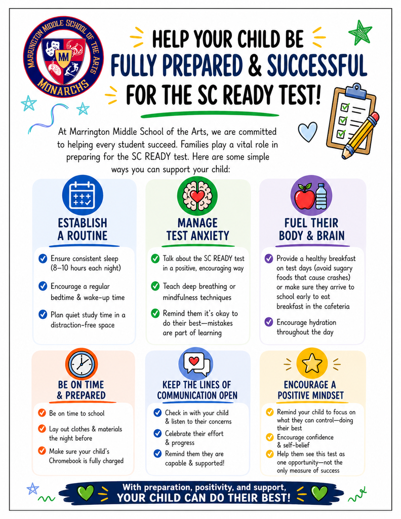 A colorful flyer provides tips for preparing for a standardized test. Sections include "Establish a Routine" and "Manage Anxiety."