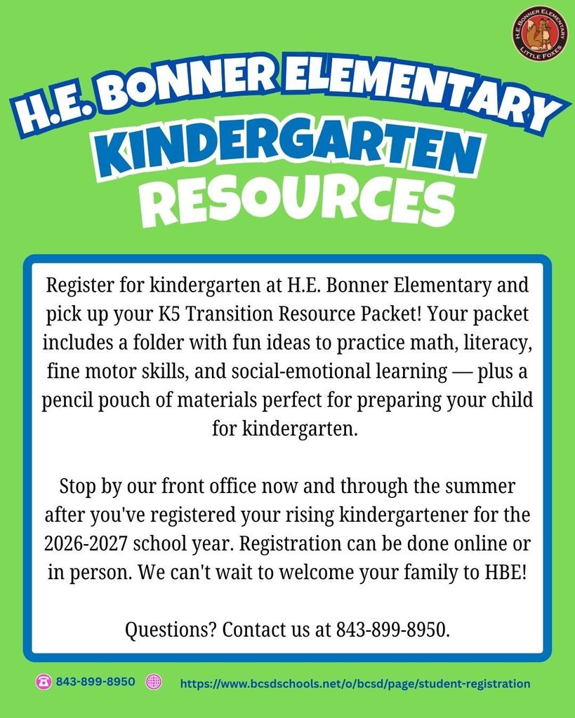 A poster invites kindergarten registration, featuring text on green with a blue border and a contact number for more information.