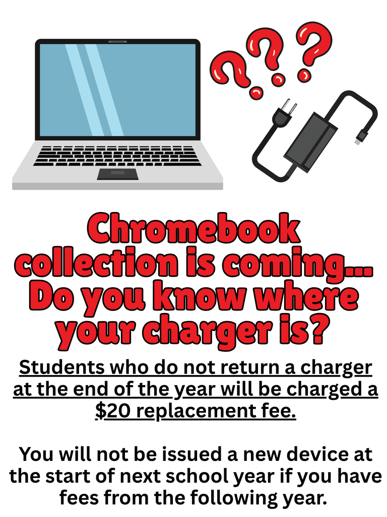 💻🔌 Cobra Reminder! 🔌💻  Chromebook collection is coming soon! Now is the perfect time to start looking for your Chromebook charger.  ⚠️ Students who do not return a charger at the end of the school year will be charged a $20 replacement fee.  Please also note: students with outstanding device fees will not be issued a new device at the start of next school year until fees are cleared.  Help us make Chromebook collection quick and easy by checking now for missing chargers! 🐍 #CobraNation