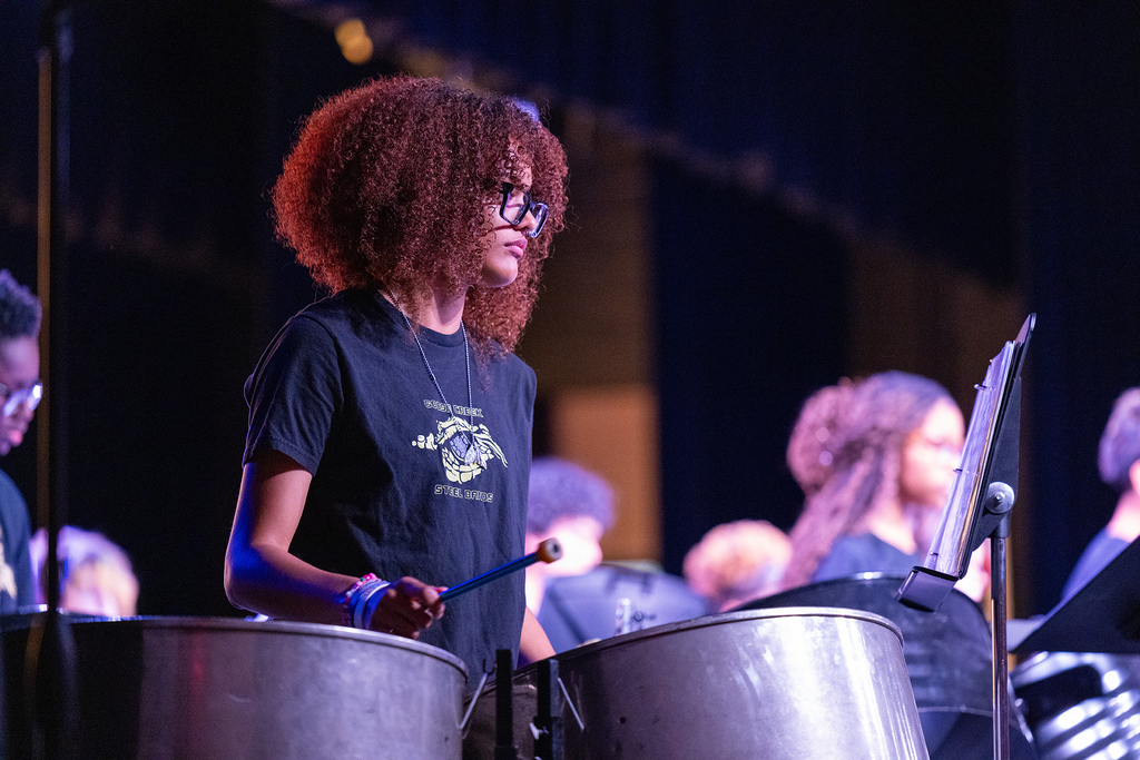 A person in a black T-shirt and glasses plays steel drums in a performance with other musicians.