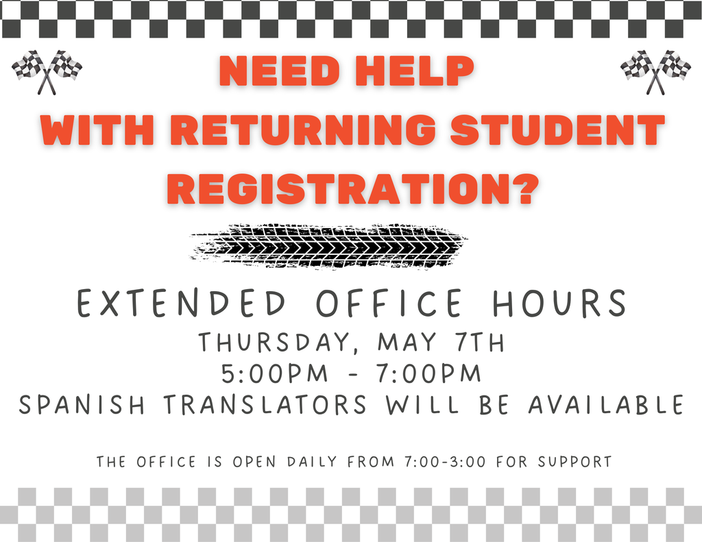 White and black checkered pattern border. Text reads "Need help with returning student registration?" and "Extended office hours" with dates and times.
