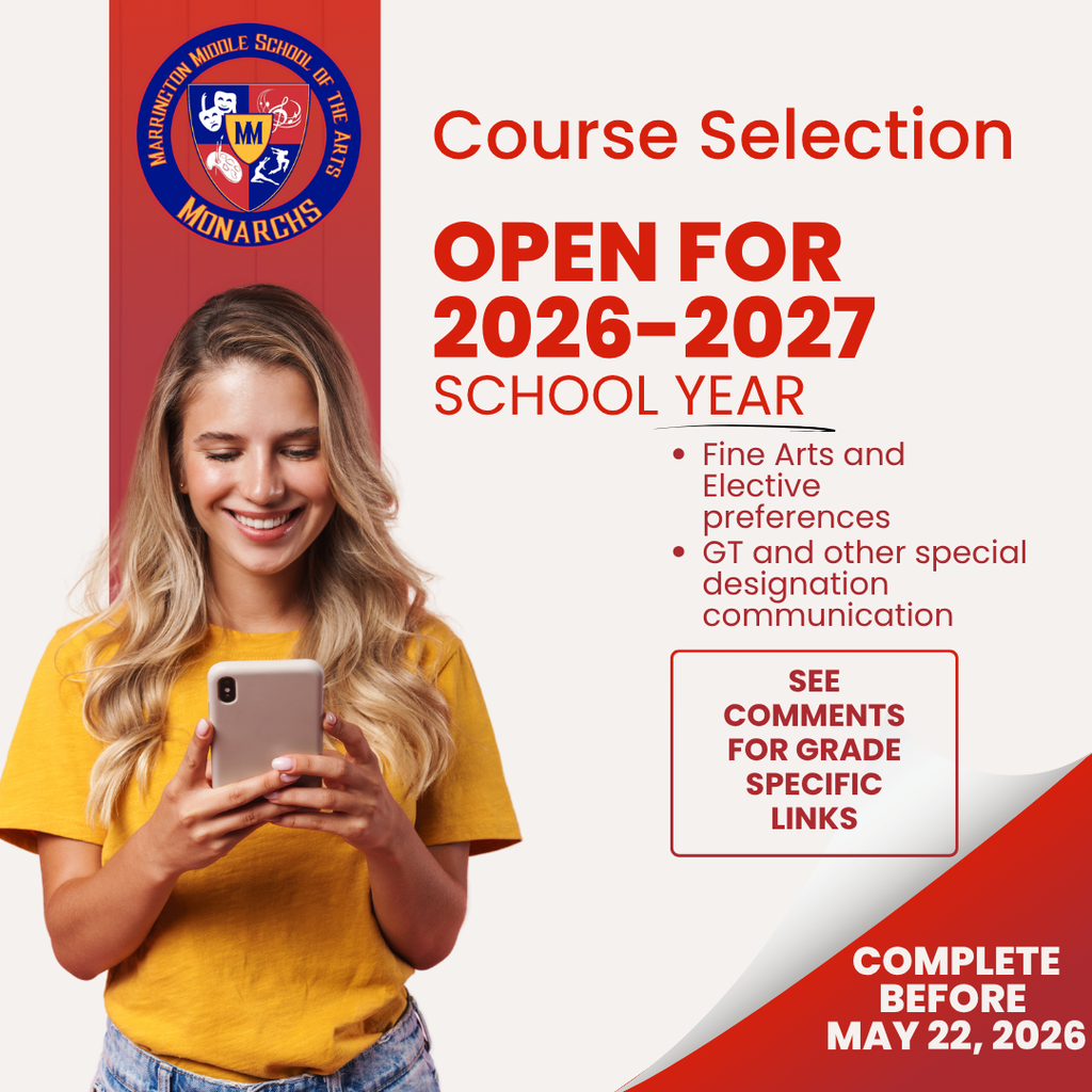 Woman standing, holding a phone, smiling, wearing a yellow shirt. Text reads "Course Selection: Open for 2026-2027 School Year."