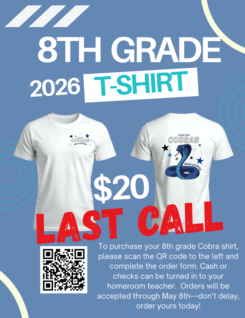 Dear Parents, Students, and Families, LAST CHANCE to order your 8th grade t-shirts! Orders will be accepted through tomorrow May 8th, and all payments must be submitted by that date. 📝 How to Order: ✔️ Complete the Google Form ✔️ Submit payment by May 8th 💳 Payment Options: • Cash or check (turned in to your student’s homeroom teacher) • Online via Hometown Ticketing (link available at the bottom of the Google Form) – $20 + $1 transaction fee ⚠️ Please note: Orders will only be processed once BOTH the form and payment are received. If you have any questions, please feel free to contact the school. Thank you!   https://forms.gle/MALCQbw4WzWEzVA79