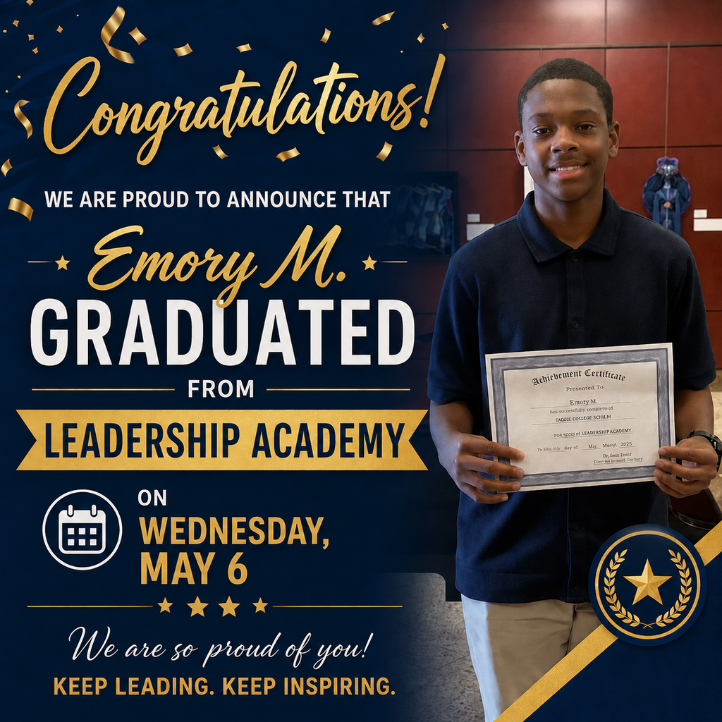 A man holds a certificate in a school corridor. Text reads "Congratulations! Emory M. graduated from Leadership Academy on Wednesday, May 6".