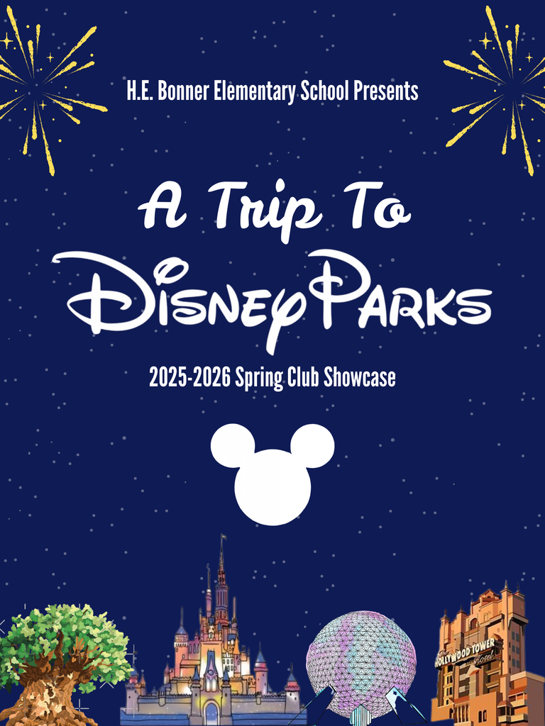 Blue backdrop with fireworks. Disney Parks poster has a tree, castle, sphere, and Mickey Mouse.