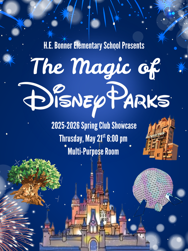 Blue background with event details. Text reads: "The Magic of Disney Parks". It includes a tree, castle, sphere, fireworks, and other icons.