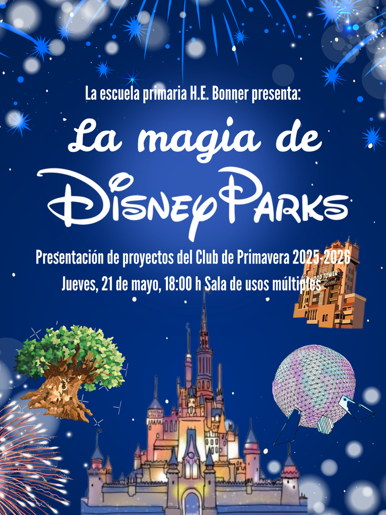 Poster with blue background, featuring a tree, castle, and floating sphere. Text reads "La magia de Disney Parks" and details a presentation.