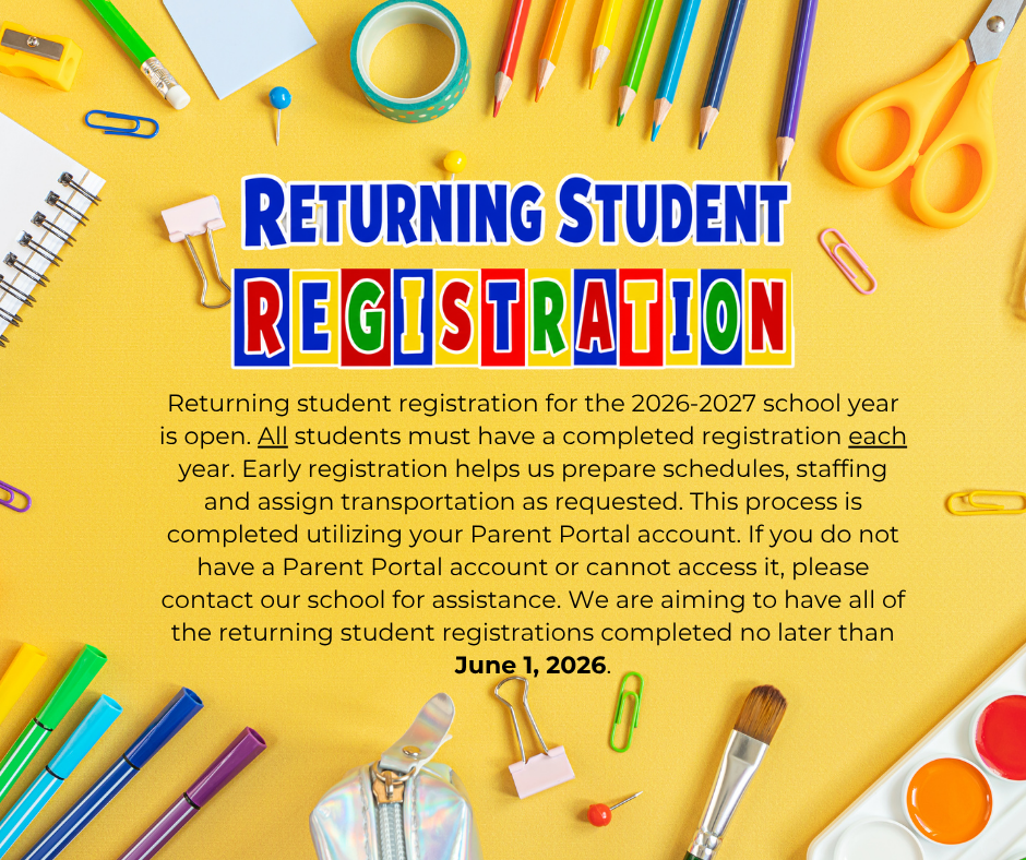 A yellow background displays "Returning Student Registration" text. Scattered around are colorful school supplies like pencils, markers, scissors, and more.