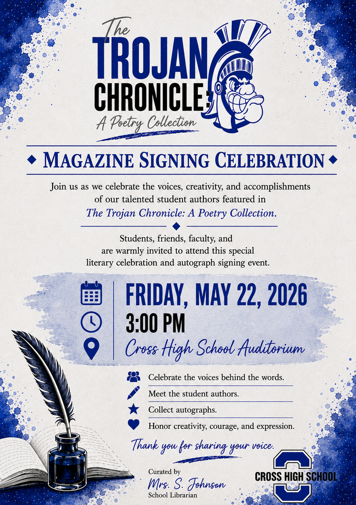 An event poster advertises "The Trojan Chronicle: A Poetry Collection" magazine signing. It includes a date, time, location, and details of the celebration.