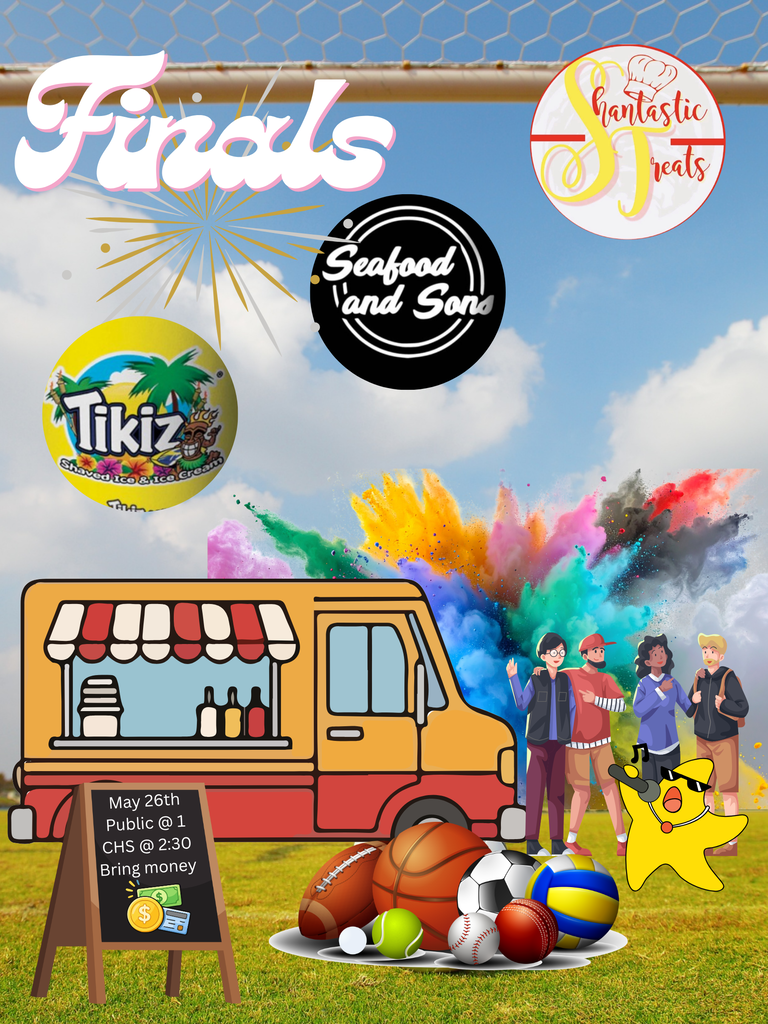 Event poster with "Finals" text, food truck, people, sports equipment, and sports balls on a grass background.