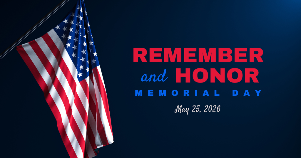 Flag with "Remember and Honor Memorial Day" text. Flag on blue background with date May 25, 2026.