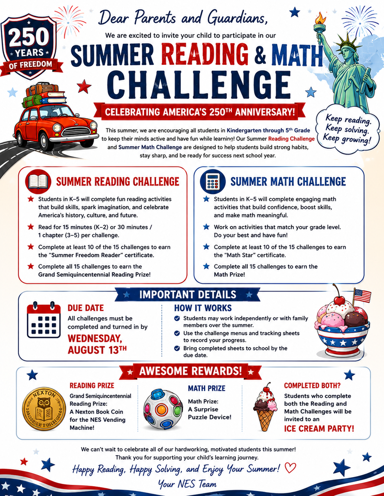 An advertisement for a summer reading and math challenge, with a red car, Statue of Liberty, and icons for prizes and rewards.