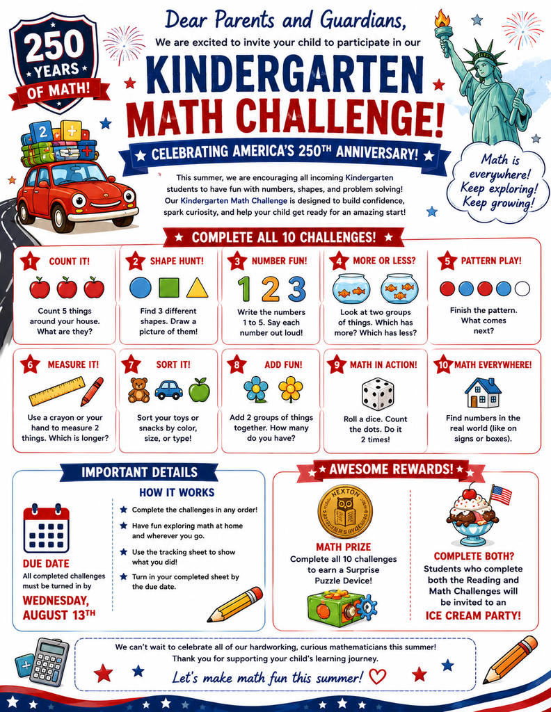 Poster for Kindergarten Math Challenge, featuring a statue, icons, text, and numbers, with a red car, calculator, and pencil.