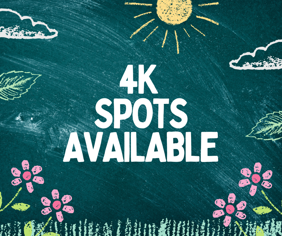 A chalkboard displays "4K Spots Available" with sun, clouds, and flowers. The background is green with a border.