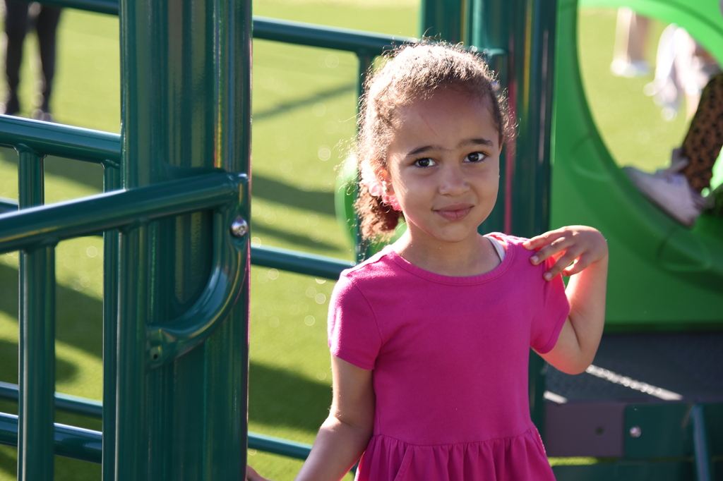 A child in a pink dress at a playground, standing next to a green structure.