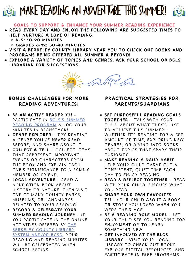 A page from a reading program offers summer reading goals and activities. It features a sun and waves background with text in two columns.