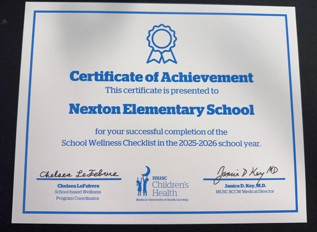 A certificate of achievement for Nexton Elementary School for completing the School Wellness Checklist in 2025-2026.