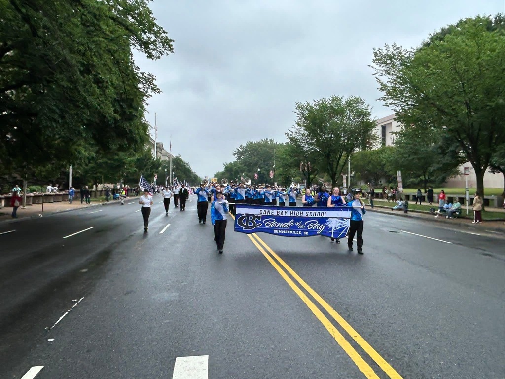 Cane Bay High marching band walking in a parade