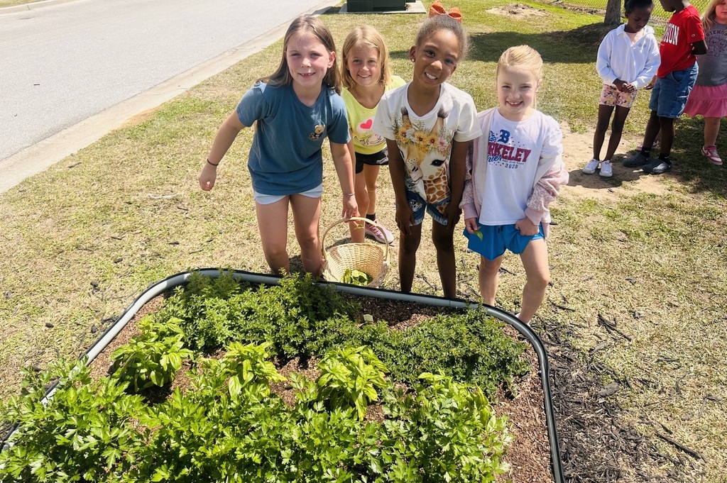 Five children pose next to a small vegetable garden. Behind them, more children stand along a sidewalk.