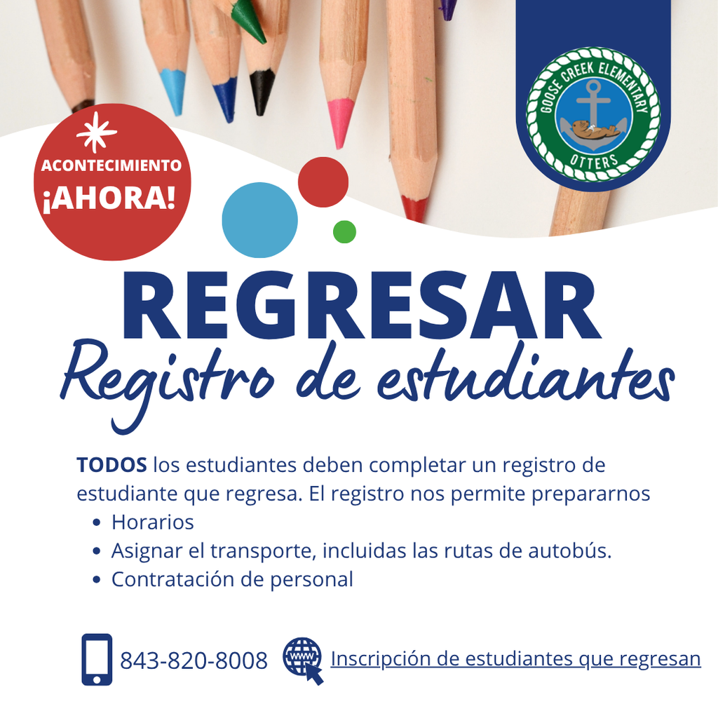 A poster for student registration features pencils and colorful dots. Text includes "Regresar Registro de Estudiantes" and instructions in Spanish.