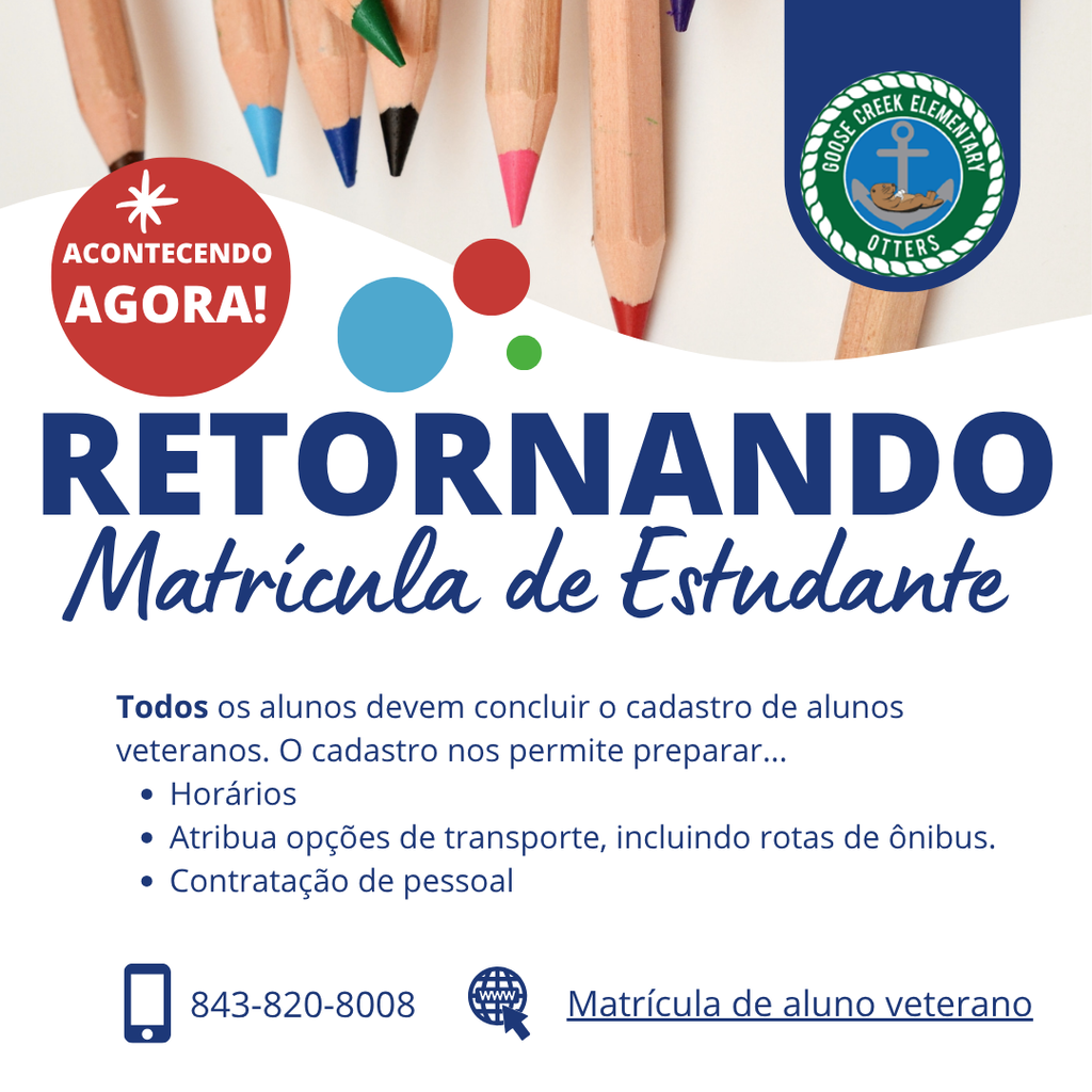 Flyer with a blue background displaying pencils, circles, and a logo. Text reads "Retornando Matrícula de Estudante".