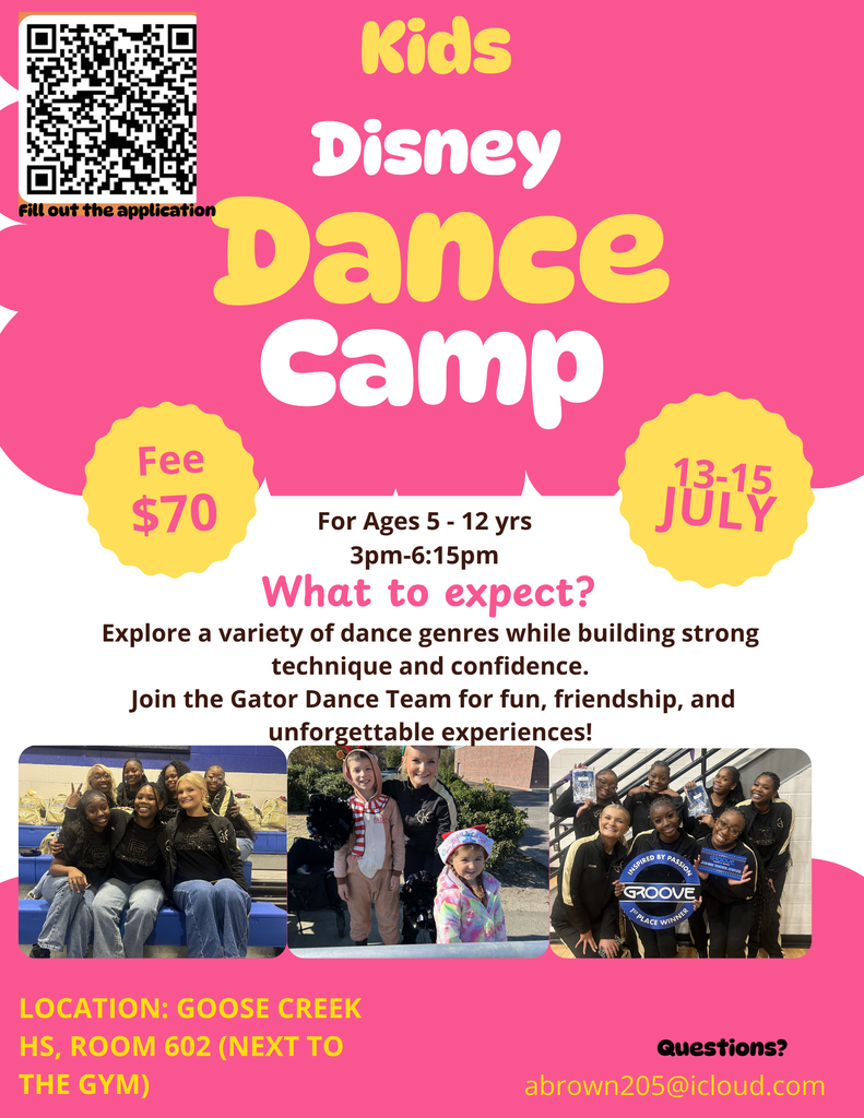 Kids Disney Dance Camp for ages 5-12; 3PM-6:15PM; July 13-15; $70; at Goose Creek High 