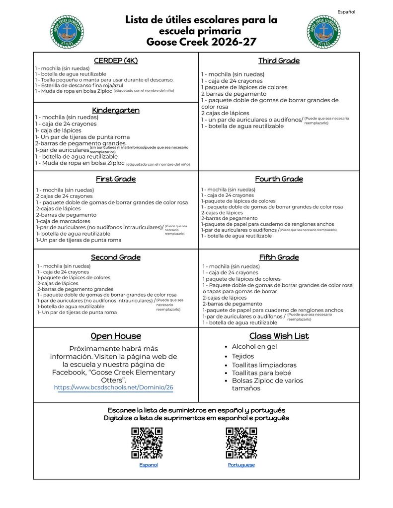 Goose Creek Elementary School's supply list by grade levels. (Spanish)