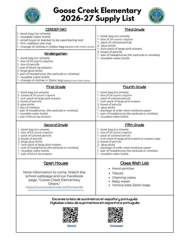 Goose Creek Elementary School's supply list by grade levels. 